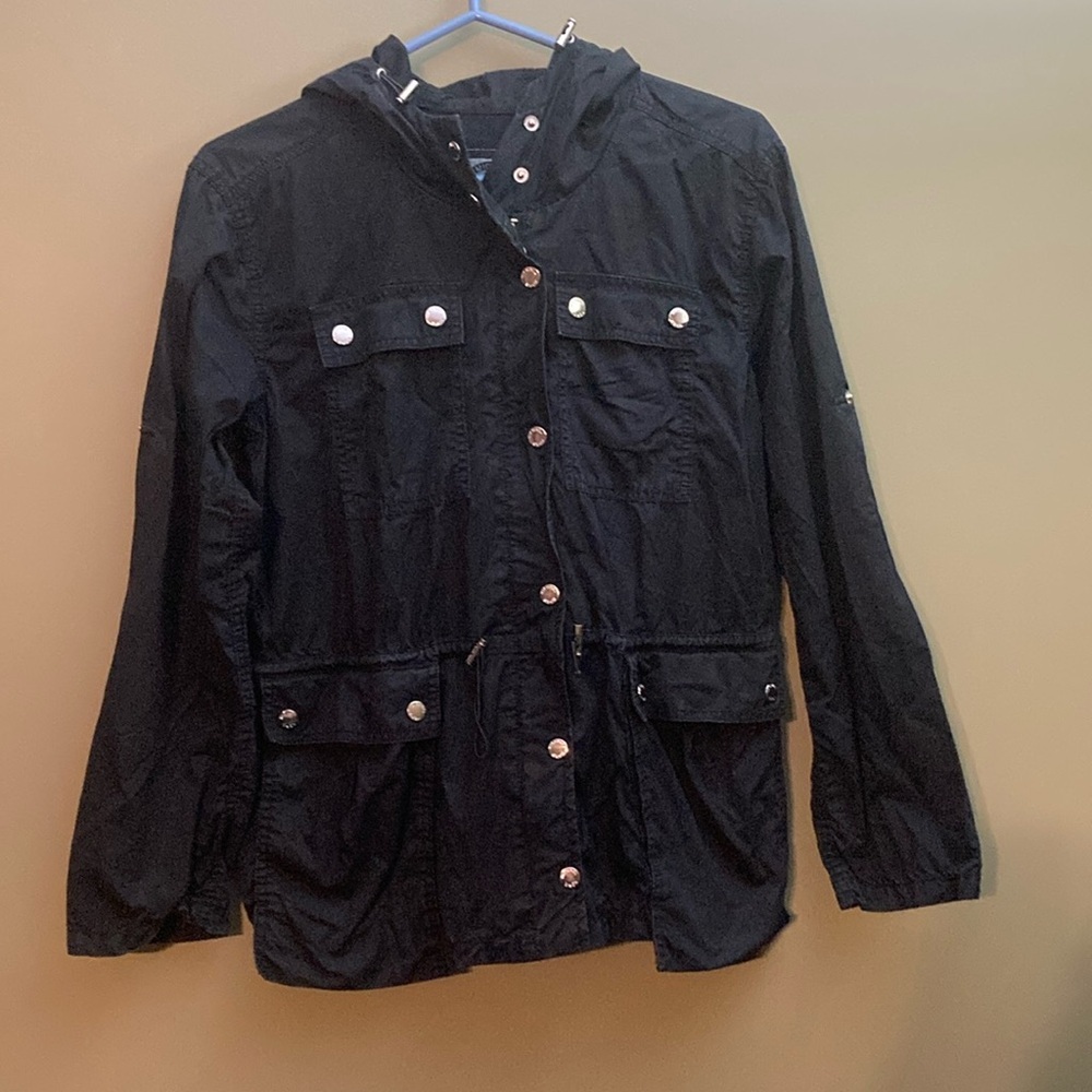 Michael Kors black cargo utility jacket with hood and cinchable waist.